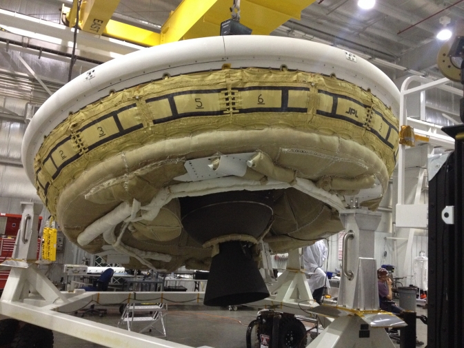 NASA's flying saucer preparing for a supersonic test.