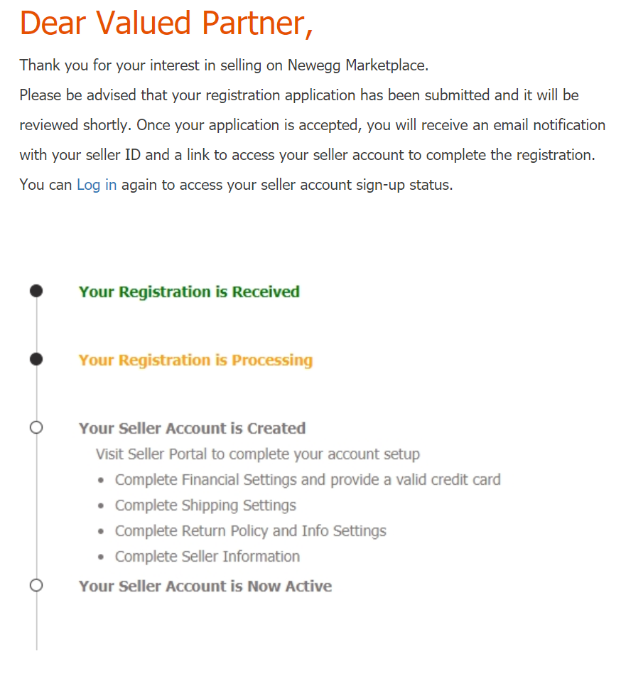 The third step in the registration process on Newegg Marketplace.