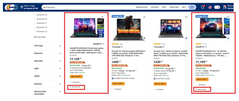 Newegg Sponsored Ads placements on the search results page
